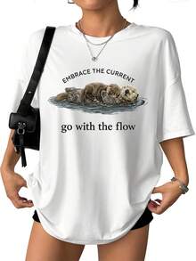 Sea Otter Graphic Cotton T-Shirt, Go With The Flow Casual Tee, Unisex Soft Crewneck Top,  Wildlife Print Shirt, Comfortable Everyday Wear, Minimalist Nature Inspired Outfit, Viral Animal Lover Apparel - 白色 - 查看 2