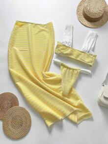 Conjunto de 3 piezas de bikini sexy para mujer, conjunto de bikini bandeau amarillo brillante con vestido de cubierta, adecuado para vacaciones, Pascua, atuendo de festival, salidas, citas, toda la ropa de mujer, vacaciones de otoño y verano - Amarillo - Ver 3