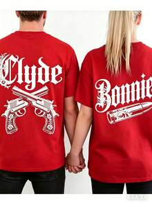 Couple Matching Gothic Bonnie And Clyde Print Hoodie, Unisex 250g Heavyweight Fleece Drawstring Pullover, Valentine's Casual Gift Sweatshirt - 男士款紅色 - 查看 3