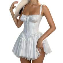 Women's Off Shoulder Lace Trim Bow Tie Corset Bodice Flare Mini Dress Cottagecore Fairycore Casual Summer Beach Vacation Sweet Elegant Dresses For Women - màu đen - Xem 6