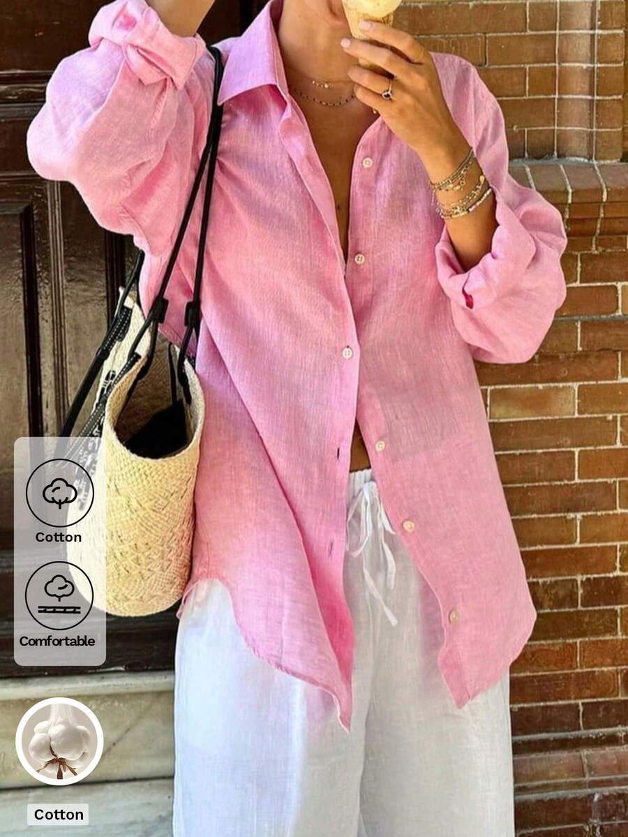 Look Polly Summer Pink Linen Shirt, Loose Fit Long Sleeve Single-Breasted Blouse, Casual Beach Holiday Versatile Top Spring - Pink - View 1
