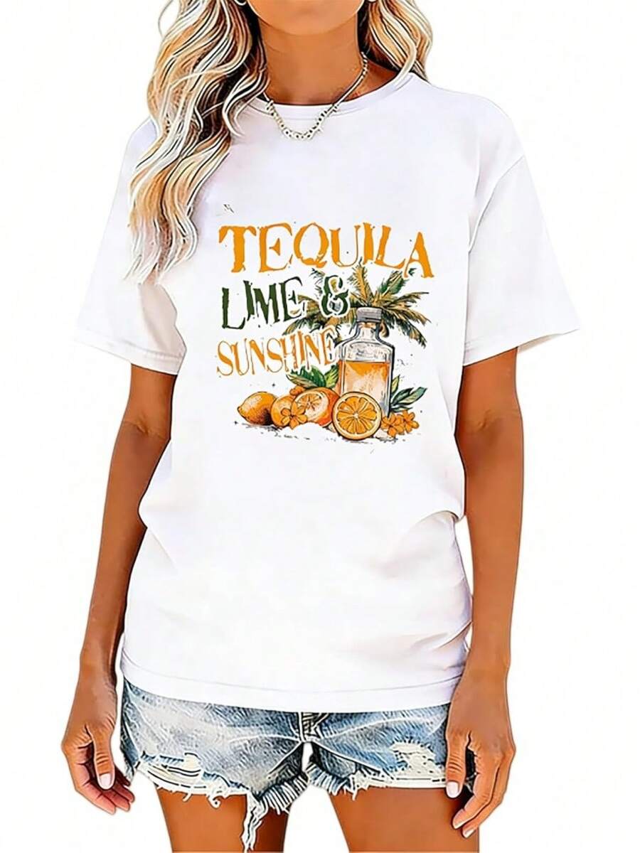 Playera gráfica de tequila con limones Estilo retro manga corta Para vacaciones - Blanco - Ver 1