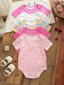 5pcs/Set Comfortable & Cute Baby Girl Casual Romper Set, Spring/Summer - Rose Red - View 1