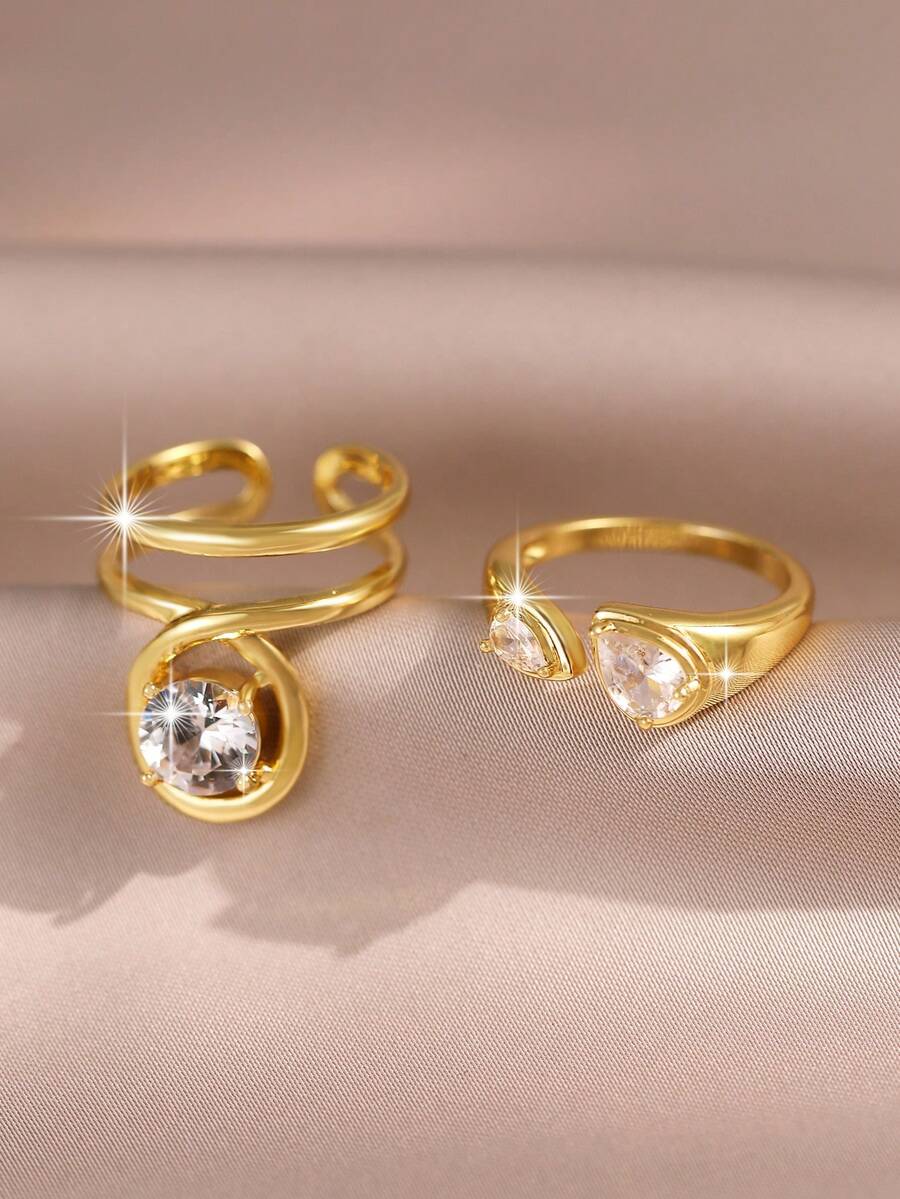 jealous young 2pcs/Set Minimalist Gold Plated Spiral Line Open Ring Set, Round & Teardrop Cubic Zirconia Inlaid Adjustable Stackable Rings, Suitable For Birthdays, Holidays, Or Everyday Wear - Spiral Lines - View 1