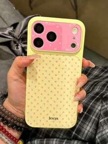 Minimalist Polka Dot & Star Yellow Graffiti Lens Pattern Phone Case, Suitable For IPhone 17 Pro Max, 16, 15, 14 Pro Max Series, Fashionable Protective Cover With Large Window - Yellow - View 2