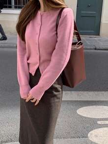 1 pieza Cárdigan de punto de color liso con botones, adecuado para uso diario, oficina y hogar, primavera/verano - Rosado Sandía - Ver 3