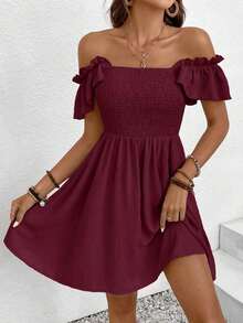 Women's Solid Color Boat Neck Cap Sleeve Short Vacation Dress,Casual Dresses For Women Summer Blue Beach Holiday Resort - 酒紅色 - 查看 3