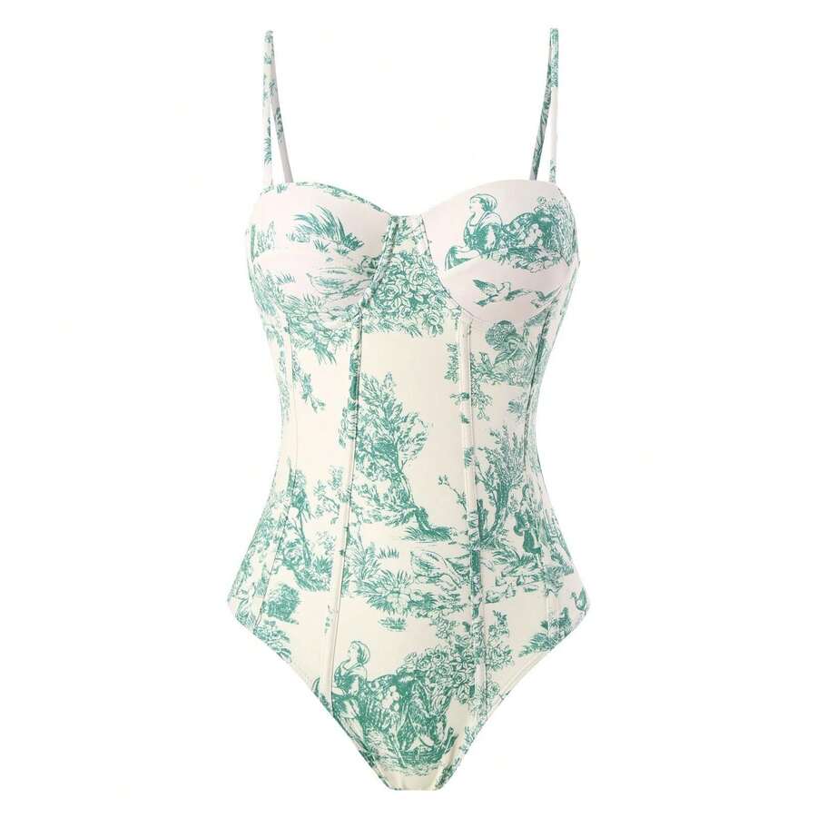 Boho Elegant Toile Print Bathing Suit For Women, Sexy Spaghetti Strap V-Strings Swimsuit Top And Bottom - Green Solo Swimsuit - View 1