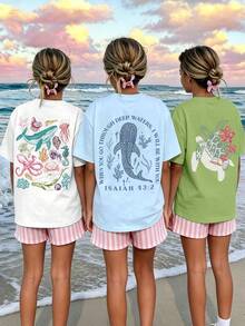 3pcs/Set Girls' Ocean Creature Graphic Tees With Whale, Turtle, Seahorse Designs, Comfortable Round Neck T-Shirts For Daily Wear, Summer - Multicolor - View 2
