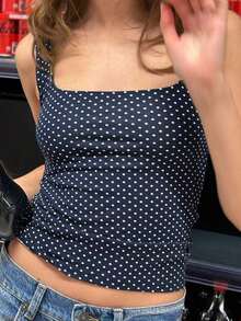 Top de punto con estampado de lunares blancos en estilo , blusa sin mangas adecuada para la playa, el trayecto y el uso casual de verano - Azul - Ver 4