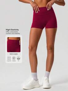 Sodalemon Women's Seamless Casual Butt-Lifting Solid Color Yoga Running Sports Shorts - Red - View 3