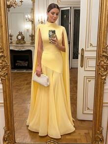 Elegant Solid Color Ruffle Trim Long Sleeve Flowy Dress, Formal Evening Gown For Wedding, Party, Holiday Spring Yellow - Yellow - View 2
