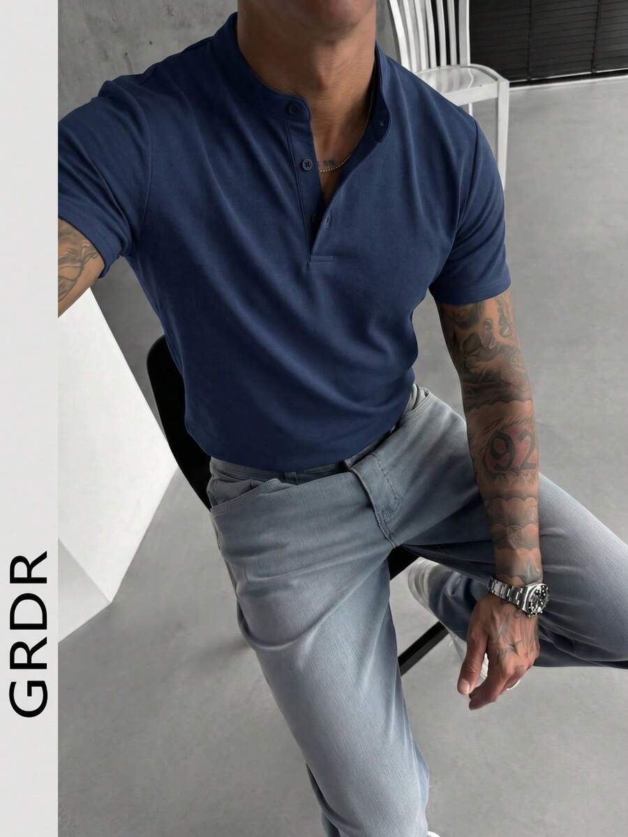 GRDR Men's Fashionable Solid Color Henley Neck Short Sleeve T-Shirt | Exquisite Design | Summer Essential | Easy To Match | Showcase Your Style