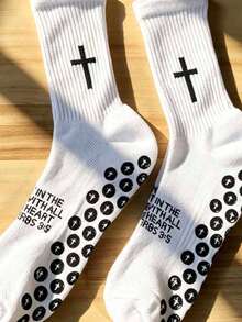 1 Pair Black & White Cross Non-Slip Sports Socks, Unisex Breathable Mesh Soft Durable Terry Cushioned Socks, Fit Well Without Binding - Black and White - View 2