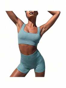 Workout Sets For Women 2 Piece Seamless Ribbed Crop Tank High Waist Shorts Yoga Outfits - Dusty Blue - View 2