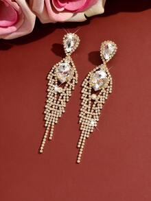 1 Pair Crystal Teardrop Tassel Dangle Earrings - Sparkling Rhinestone Chandelier Long Earrings, Copper Material Women's Long Tassel Earrings, Suitable For Wedding Bride, Gala, Party, Jewelry - Gold - View 4
