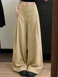Celana Kasual Longgar Pinggang Tinggi Kaki Lebar Terbaru, Desain Berlipat Mengalir, Kain Tipis, Musim Semi - Khaki - View 4