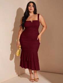 Vestido midi ajustado con cuello en V, volantes y pliegues para mujer de talla grande, vestido de fiesta para vacaciones - Burdeos - Ver 4