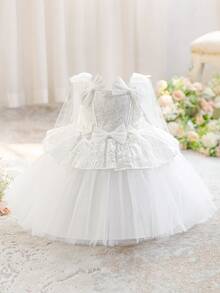 Baby Girls Thick Strap Bow Jacquard Fabric & Mesh Patchwork Cute Flower Girl Dress, Suitable For Birthday Celebration, Headband Not Included - White - View 3