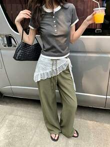 女士休闲亚麻质感阔腿裤，百搭夏季春季款式 - 綠色 - 查看 2