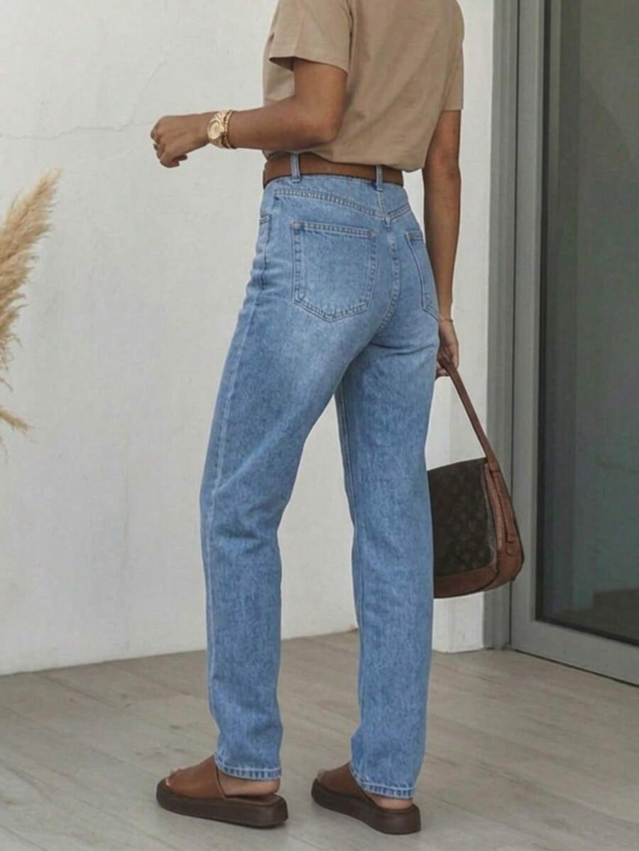 Jeans de pierna entallada con botones casuales para mujer, de moda para el verano - Lavado ligero - Ver 1
