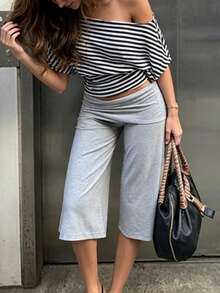 Fold Over Wide Leg Capri Pants For Women Low Rise Lounge Yoga Flare Culottes Y2k Flowy Crop Palazzo Pants - 淺灰色 - 查看 7