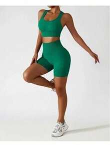 Workout Sets For Women 2 Piece Seamless Ribbed Crop Tank High Waist Shorts Yoga Outfits - 綠色 - 查看 4
