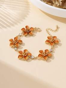 1 pieza Tobillera con flor de 5 pétalos naranja inspirada en la dopamina, con un estilo retro elegante y energético, adecuada para vacaciones, viajes, citas, uso diario, joyería elegante para mujeres - Naranja - Ver 4