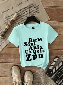 Black Letter Print Short Sleeve T-Shirt For Women, Summer Sexy Slim Fit Cropped Design Top Casual - Mint Green-1 - View 7