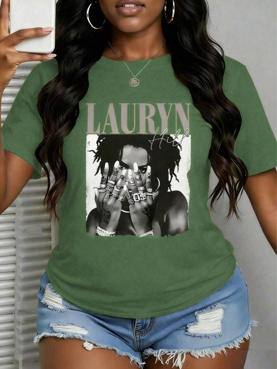 With Ring On Hand - 100% Cotton Women's T-Shirt/Lauren Hill/Letter Print/Vintage T-Shirt/Women's Casual Loose Round Neck Top/Spring And Summer-Niche G - 綠色A - 查看 1