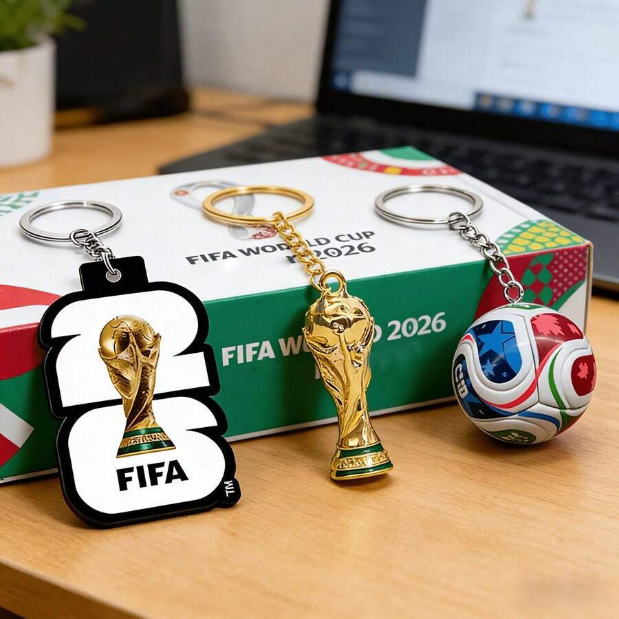 FIFA مجموعة هدايا مفاتيح لحفلاته/حفلاتها - مجموعة 3 قطع كأس العالم 2026 الولايات المتحدة/المكسيك/كندا، تشمل مفتاح كأس العالم الصغير، قلادة إكسسوار كرة القدم كأس العالم، مفتاح سحر حقيبة الظهر، ديكور حصري لمشاهدة المشجعين - متعدد الألوان - مشاهدة 1