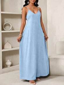 Lady Vestido de verano casual de tirantes finos con estampado de cuadros, vestido de playa, vestido de fiesta, vestido de invitada de boda para mujer, vestido de festival de verano - Azul - Ver 3