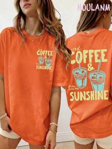 Tropicoqueta Outfits"Iced Coffee & Sunshine" Orange Cup Print T-Shirt |    Clothes Women, Loose Fit, Summer Tops, Spring Vibes, Cozy Aesthetic TeeLoose And Comfortablegoing Out Outfits - 珊瑚橙 - 查看 1