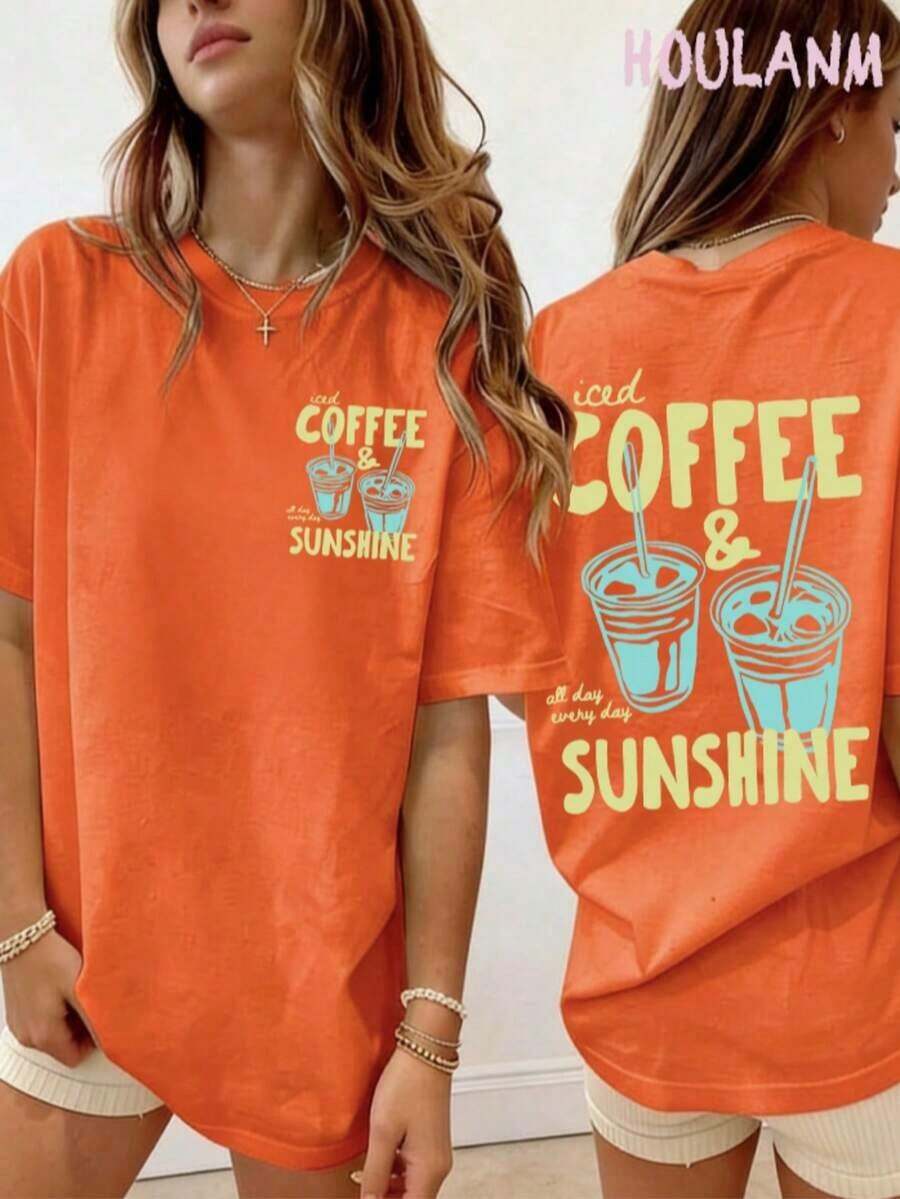 Tropicoqueta Outfits"Iced Coffee & Sunshine" Orange Cup Print T-Shirt | Clothes Women, Loose Fit, Summer Tops, Spring Vibes, Cozy Aesthetic TeeLoose And Comfortablegoing Out Outfits - 珊瑚橙 - 查看 1