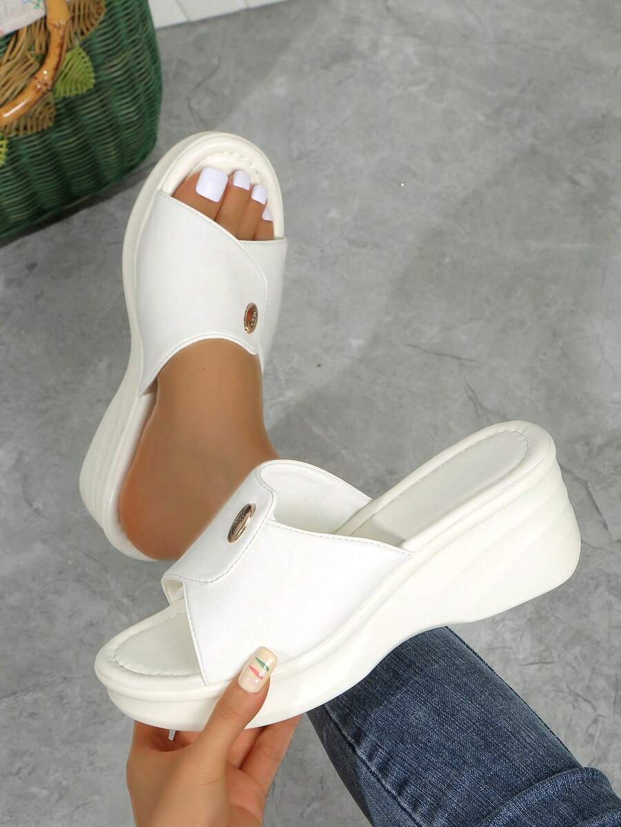 Women's Fashion Solid Color Slip-On Slippers, Thick Bottom Wedge Heel Open Toe Beach Sandals,Summer Shoes - White - View 1