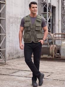 Men's Outdoor Utility Vest - Multi-Pocket Tactical Fishing Hiking Travel Sleeveless Jacket, Plus Size Lightweight Photography Vest, Casual Summer Mesh Vest With Multiple Pockets - Army Green - View 3