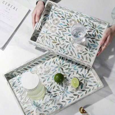 1pc/2pcs Blue Leaf-Shaped Rectangle Shell Inlaid Creative Tray, Handmade Colorful Shell Decorative Fruit Plate, Jewelry Tray, Household Desktop Storage Tray, Christmas, Halloween Party Decor, Gift