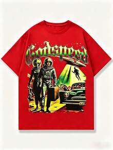 Alien T Shirts Men, Retro Godspeed Alien Astronaut Print, 100% Cotton Crew Neck Short Sleeve, Y2K Hip-Hop Style, Digital Print, Big And Tall,   For Men - Đỏ - Xem 7