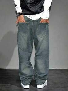 Quần Jeans Nam Dáng Rộng Cổ Điển Thường Ngày Có Túi - Rửa trung bình - Xem 3