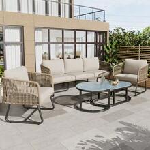 Garden Furniture Set With Galvanized Iron Frame, Grey Rope, Adjustable Legs, Smooth Glass Tabletop, 5-Piece Set, Includes All Seat And Back Cushions. - Beige - View 12