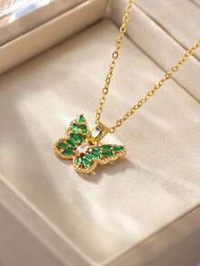 Women's Colorful Zirconia Butterfly Pendant Necklace, Multi-Color Options, Luxury Rhinestone Butterfly Necklace, Titanium Steel Non-Fading Minimalist Versatile Women Pendant - Gold - View 4