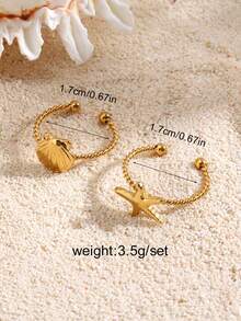 2pcs Stainless Steel 18K Gold Plated Starfish & Shell Open Ring, Suitable For Women Beach Vacation Wear - Yellow Gold - View 2