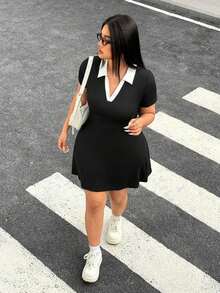 Vestido casual de manga corta a rayas para mujer de talla grande - Negro 2 - Ver 5
