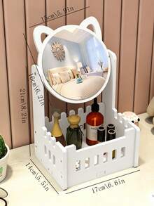 1pc Cute Vanity Makeup Mirror, Tabletop Dressing Mirror With Storage Box, Rotating Cosmetic Mirror For Home & Dorm - White - View 8