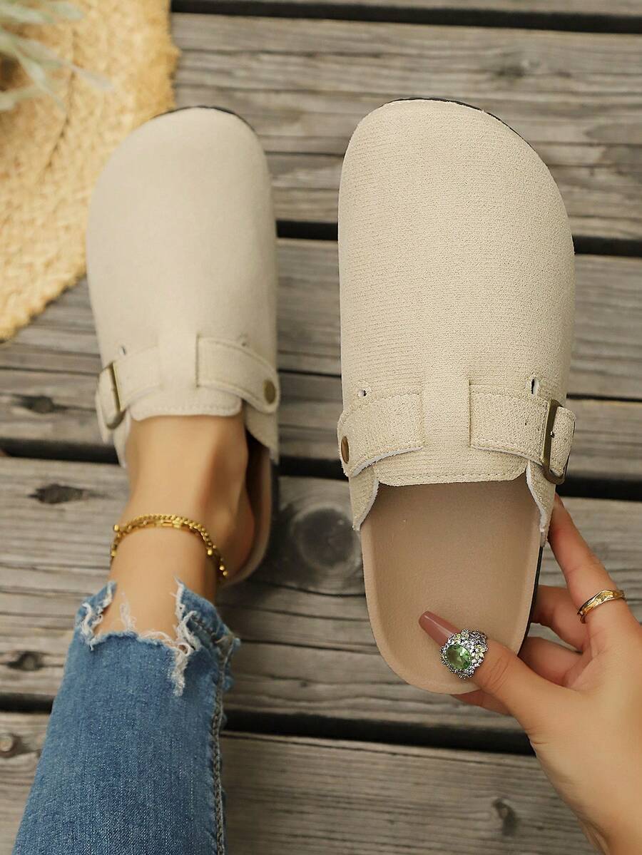 Women's Casual Black Mule Shoes With Adjustable Ankle Strap - Soft Faux Suede And Cushioned Insole (Comfortable Work Shoes), Bohemian Buckle Decor, Non-Slip Soft Bottom, Velvet Material, Solid Color Round Toe, Slip-On Mule Flats, European And American Casual Style, Suitable For Spring/Autumn, Home, Commute, Shopping, Travel, Daily Wear - Beige - View 1