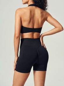 Ruched Bandeau Sports Bra Cropped Tank Top - Black - View 6