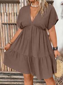 Vestido casual de unicolor con cuello en V profundo y mangas tipo murciélago para mujer de talla grande - Albaricoque 2 - Ver 5
