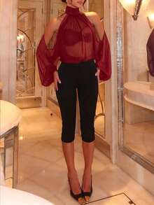 Lightweight Sheer Mesh Long Sleeve Loose Bat Wing Top, Suitable For Summer Parties - Burgundy - View 6