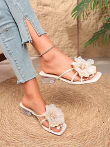 Square Toe Butterfly Design 2025 Spring/Summer New Arrival Strap High Heel Sandals, Elegant Goddess Style Thick Heel Slides - Beige - View 4