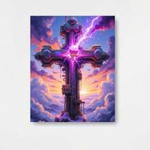 Un Set de Pintar por Números, Fácil para Principiantes, con un Diseño Futurista en Morado con Efectos, Ideal para Amantes de la Fe Moderna y de la Decoración Espiritual Audaz, Paquete de Coloreado Familiar - Incluye Pintura Acrílica, Lienzo y Pinceles - Enmarcado - Ver 1